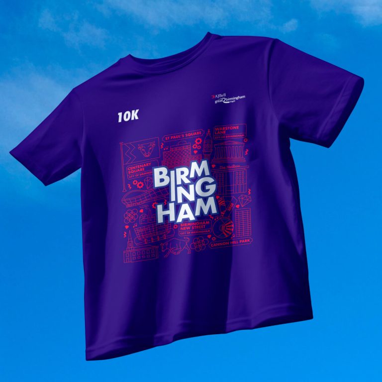 Birmingham 10k 2025 finisher t-shirt with print featuring prominent places along the route.